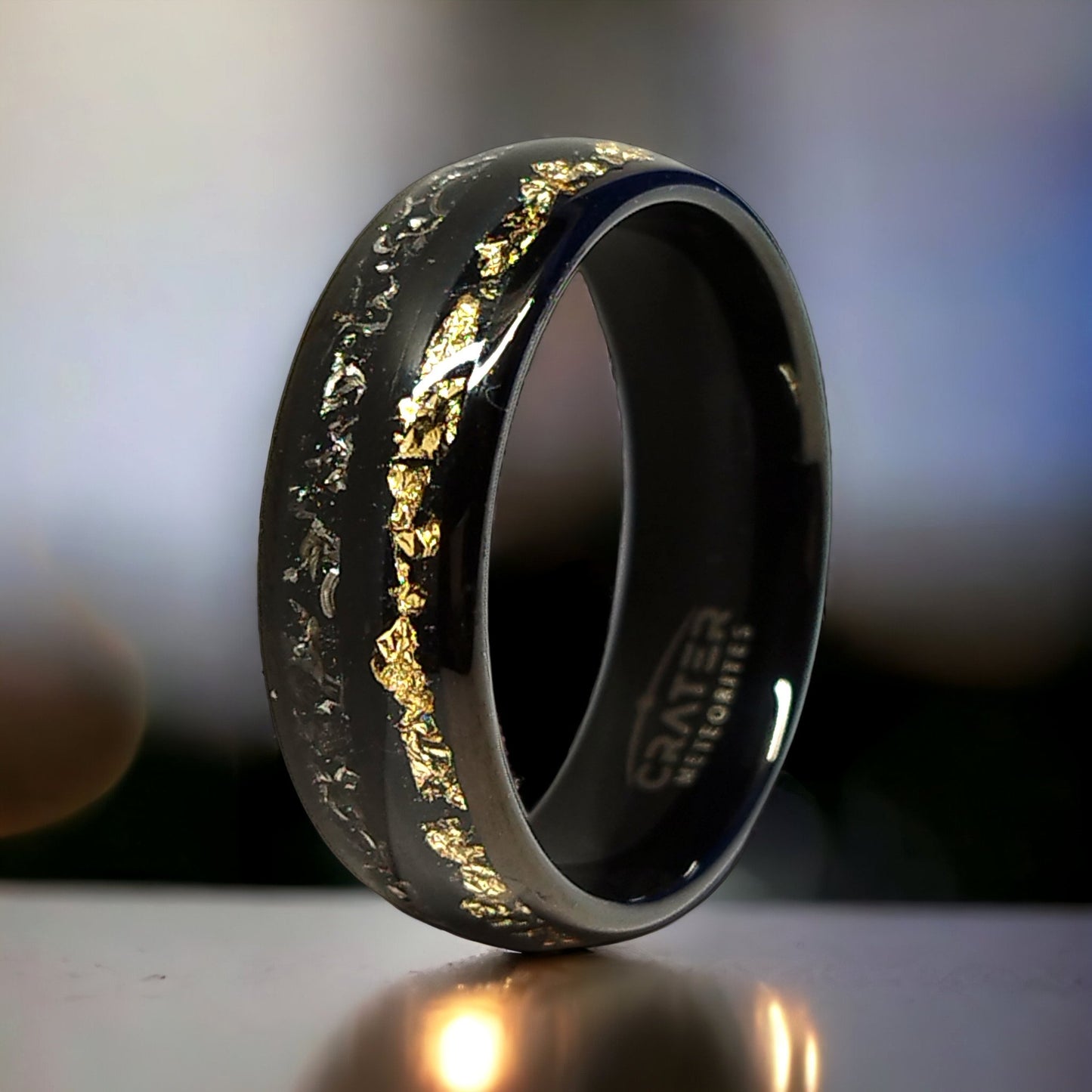 Tungsten Ring with Gold and Meteorite